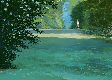 Green Meadow with Figure in Distance