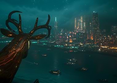 Cyberpunk Deer Statue Overlooking Cityscape