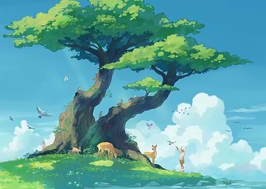 Idyllic Island Scene with Animals