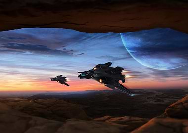 Futuristic Spaceships Flying Over Alien Landscape