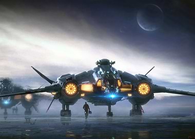 Futuristic Spaceship Landing on Water Planet