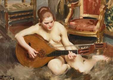 Nude Woman Playing Lute Painting