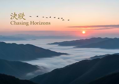 Majestic Mountain Sunrise with Fog and Birds in Flight