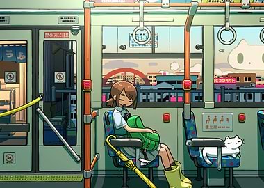 Girl and Cat on a Bus