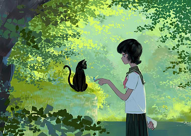Girl, Cat, and Butterfly in Nature