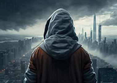 Hooded Figure Overlooking Cityscape in Rain