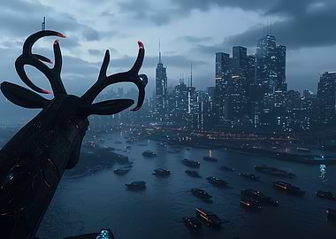 Cyberpunk Cityscape with Deer Statue overlooking Harbour