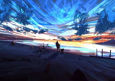 Sunset Beach Walk with Dog and Bike