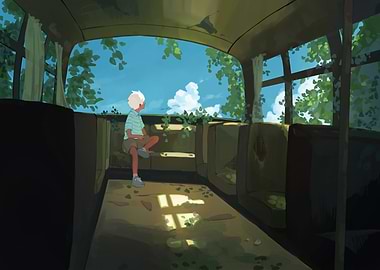 Boy in Overgrown Bus Illustration