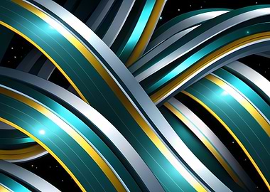 Abstract Metallic Ribbons on Black Interwoven Teal and Gold Metallic