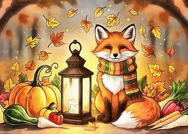 Autumn Fox with Lantern and Pumpkins