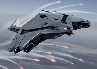 Futuristic Spaceship in Flight with Missiles