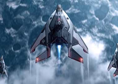 Futuristic Spaceship Flying Through Cloudy Sky