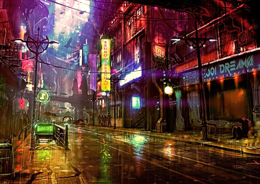 Rainy Cityscape with Neon Lights