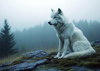 White Wolf in Misty Forest