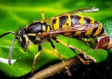 Wasp on Green Leaf Macro Shot