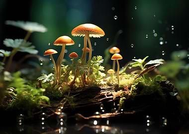 Enchanted Mushroom Forest with Water Droplets
