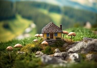 Miniature House with Mushrooms Landscape