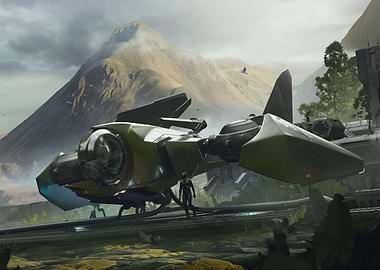 Futuristic Spaceship Landscape with Figure