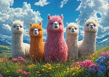 Colorful Alpacas in a Mountain Meadow