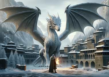 White Dragon and Figure in Snowy Landscape