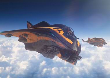 Futuristic Aircrafts Flying Through Cloudy Sky
