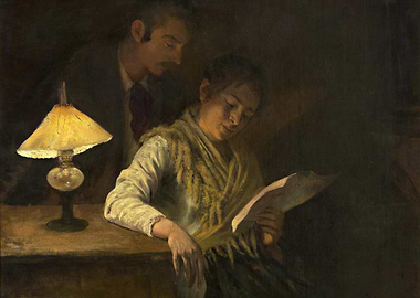 Reading by Lamplight: A Vintage Painting
