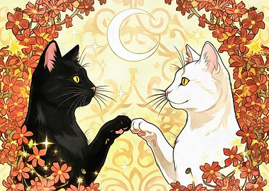 Black and White Cats with Flowers