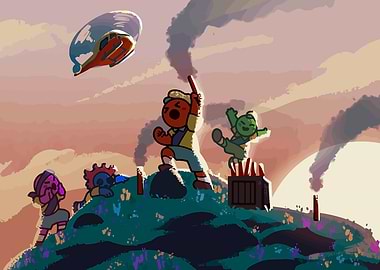 Cartoon characters on a hill