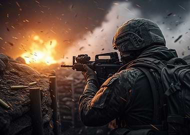 Soldier firing weapon in combat zone