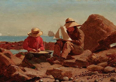 Boys with Toy Boats by the Sea