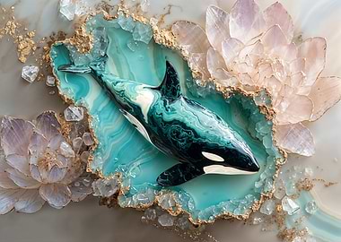 Kintsugi Orca in Crystal Geode with Flowers
