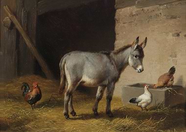 Donkey and Chickens in Barn Painting