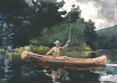 Man Fishing from Canoe Watercolor Painting