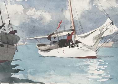 Watercolor Painting of Sailboats on Water