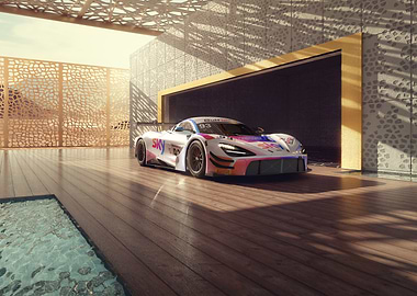 Sky-sponsored race car in modern setting