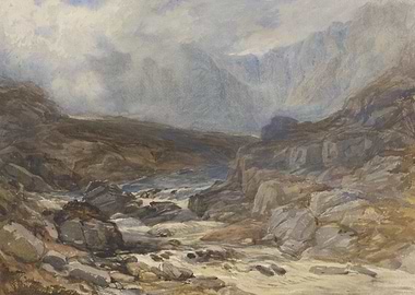 Watercolor Mountain Landscape with River