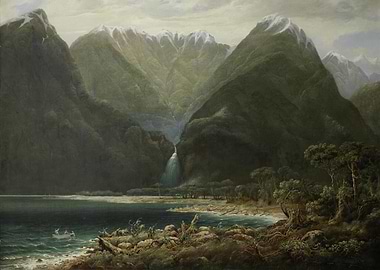 Mountainous Landscape with Waterfall and Lake