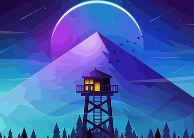 Night Watchtower Landscape with Mountain and Moon