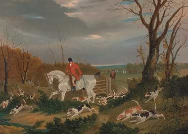 Fox Hunt Painting with Dogs and Horses