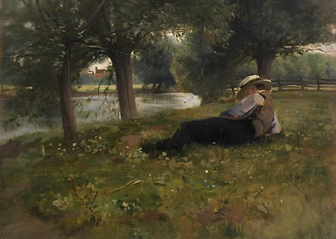 Woman Resting by River Painting
