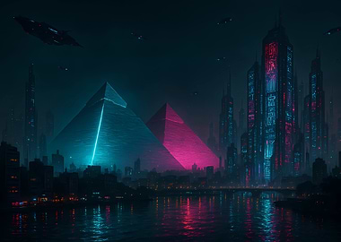 Cyberpunk Cityscape with Pyramids and Spaceships