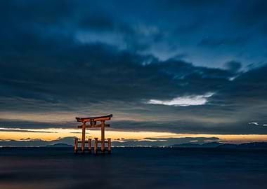 Torii Gate in Water at Sunset