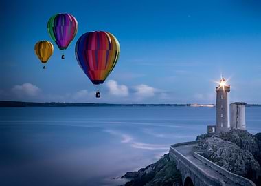 Lighthouse with Hot Air Balloons at Dusk