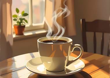 Steaming Coffee Cup on Wooden Table