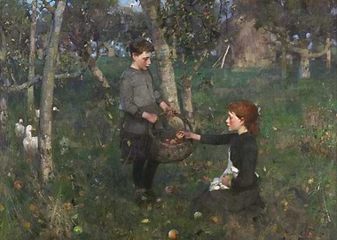 Children Gathering Apples in Orchard Painting