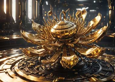 Golden Mechanical Lotus in Futuristic Setting