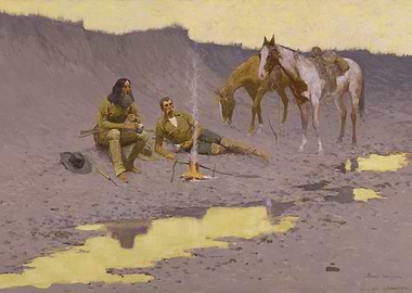 Western Campfire Scene with Horses