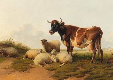 Cow and Sheep in a Field