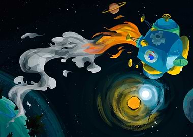 Cartoon Spaceship in Outer Space